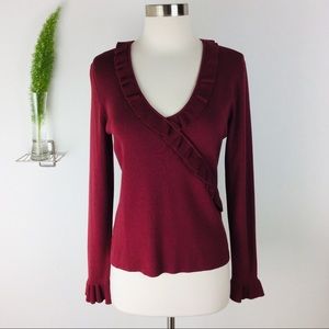 LOFT Ann Taylor Burgundy Red Wine Ruffled V Neck Long Sleeve Sweater Sz M